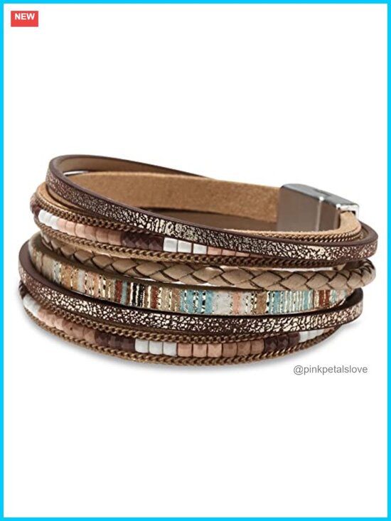 Jewelry - Leather Wrap Bracelet with Beads, Cuff, Magnetic Clasp, Bohemian Style